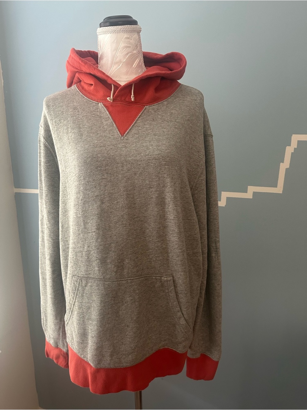 Two-Tone Hooded Sweatshirt - Gray with Rust Red Accents JCrew Vintage Fleece